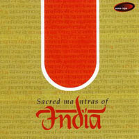 Sacred Mantras Of India CD cover art, inverted red lingam, with white border, above album title in black and red script